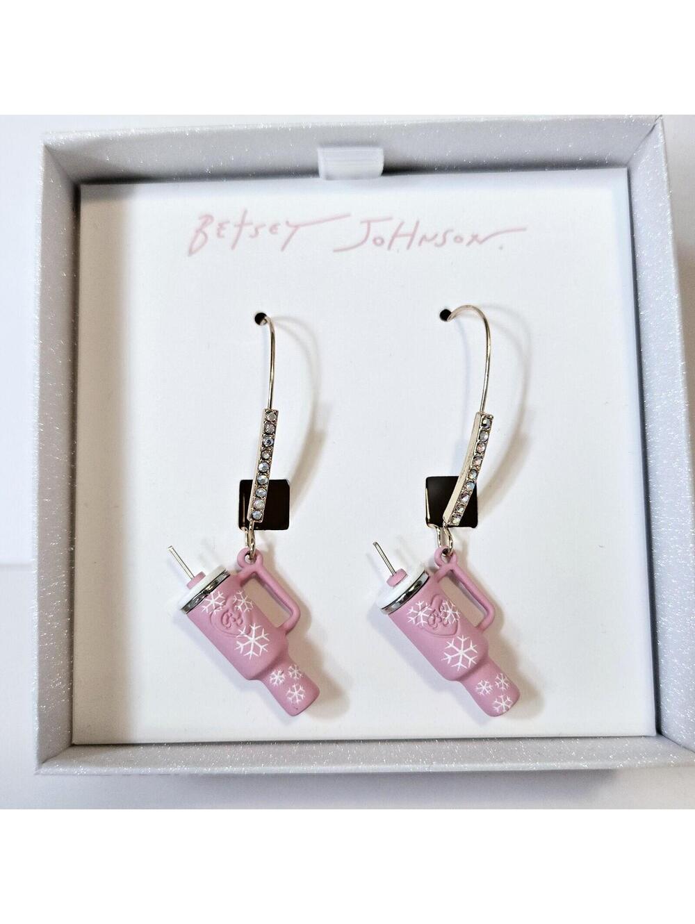 Betsey Johnson Pink Stanley Style Tumbler Cup Drop Earrings Gold Tone Snowflake